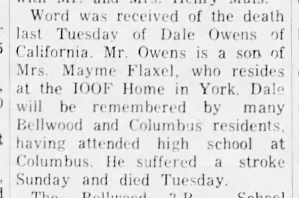 William Dale Owens Death David City NE Banner-Press 1967-12-7 Thu Pg 13